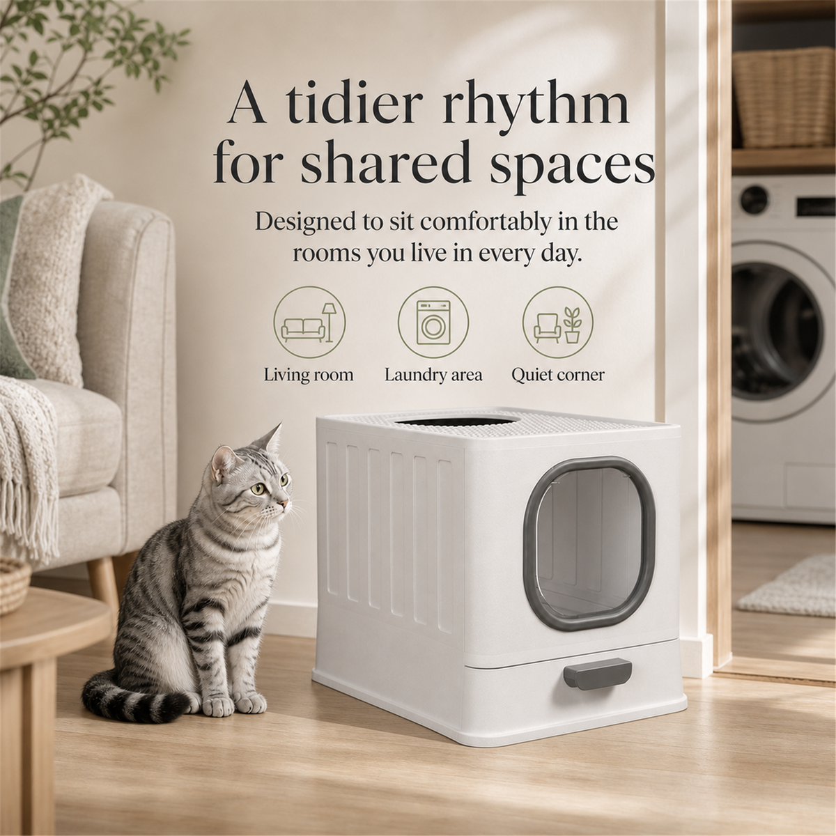Modern enclosed cat litter box in living room and laundry area