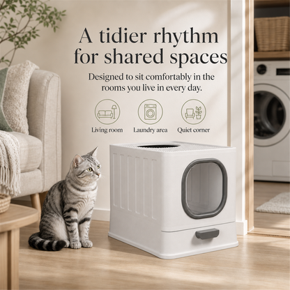 Modern enclosed cat litter box in living room and laundry area