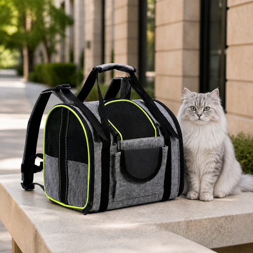 Grey foldable mesh pet carrier backpack with silver cat