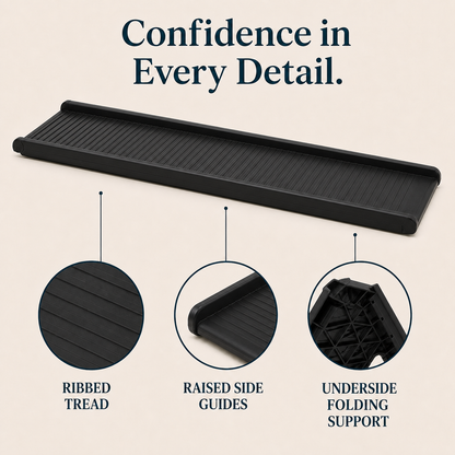 Black pet ramp details with ribbed tread, raised guides and underside folding support