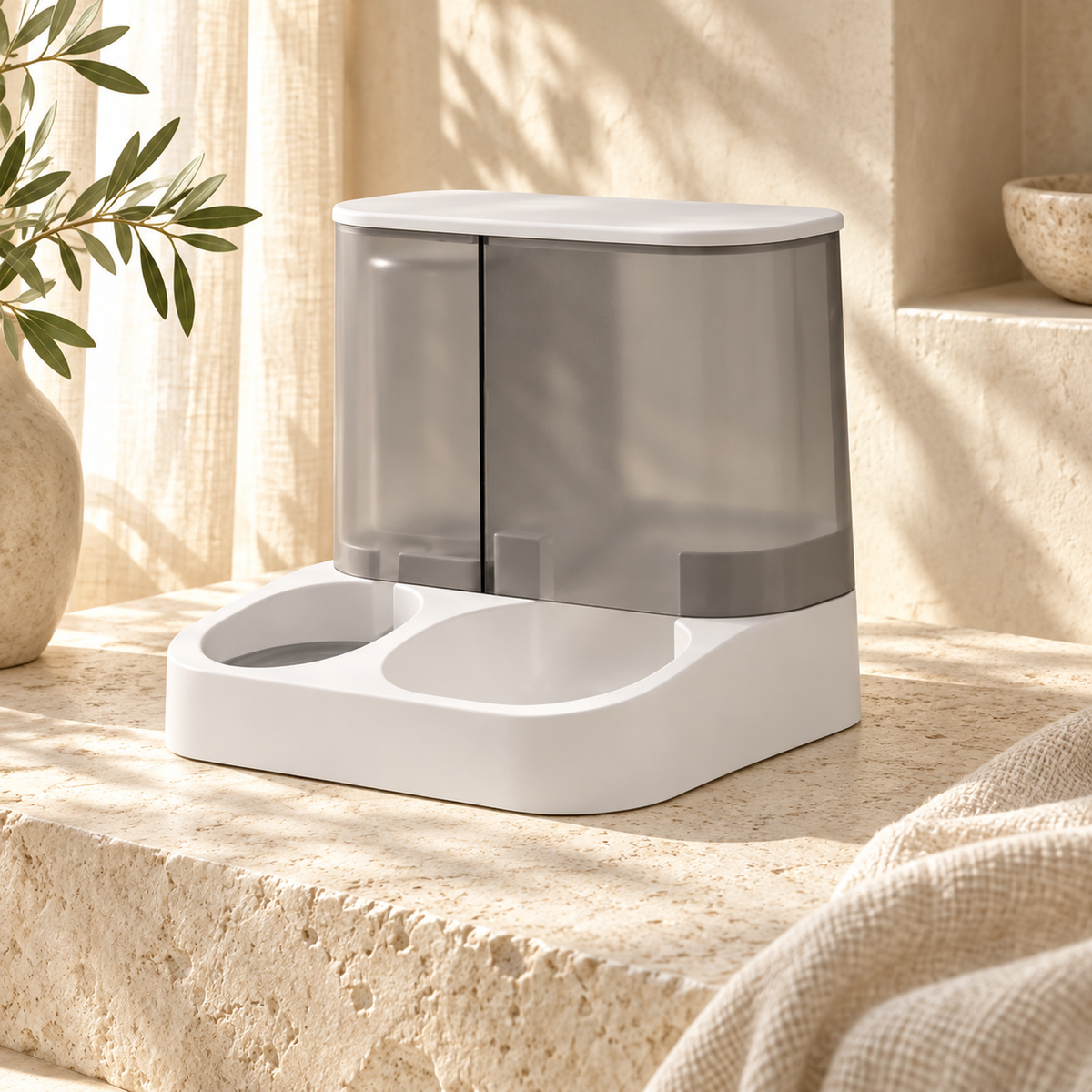 Grey and white pet food feeder and water dispenser