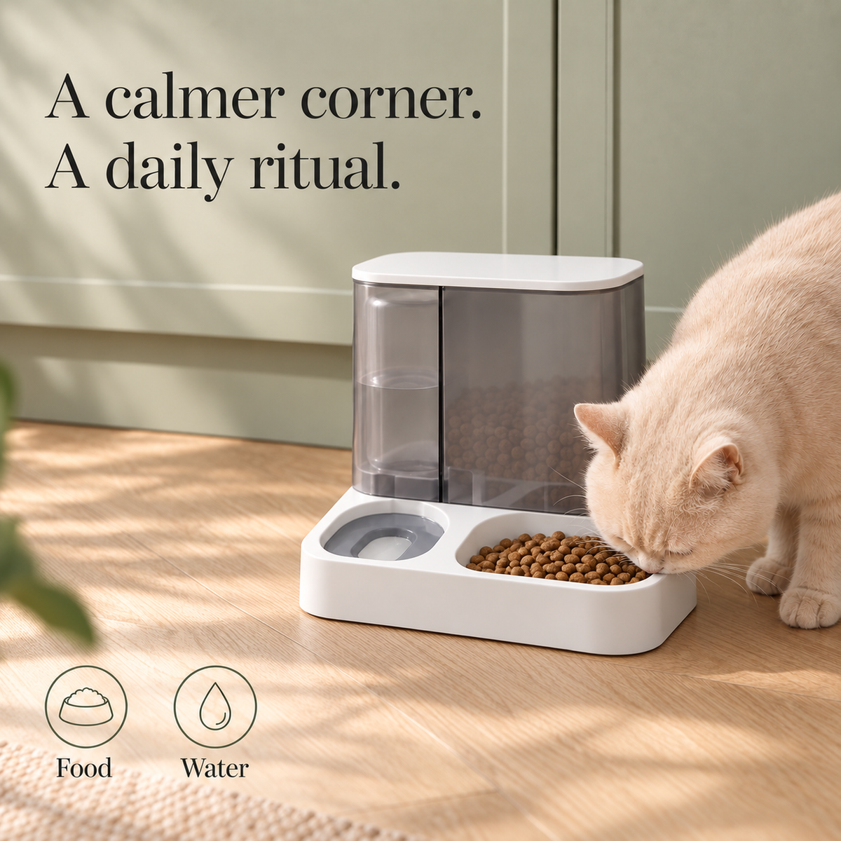 Cat eating from compact grey pet feeding station