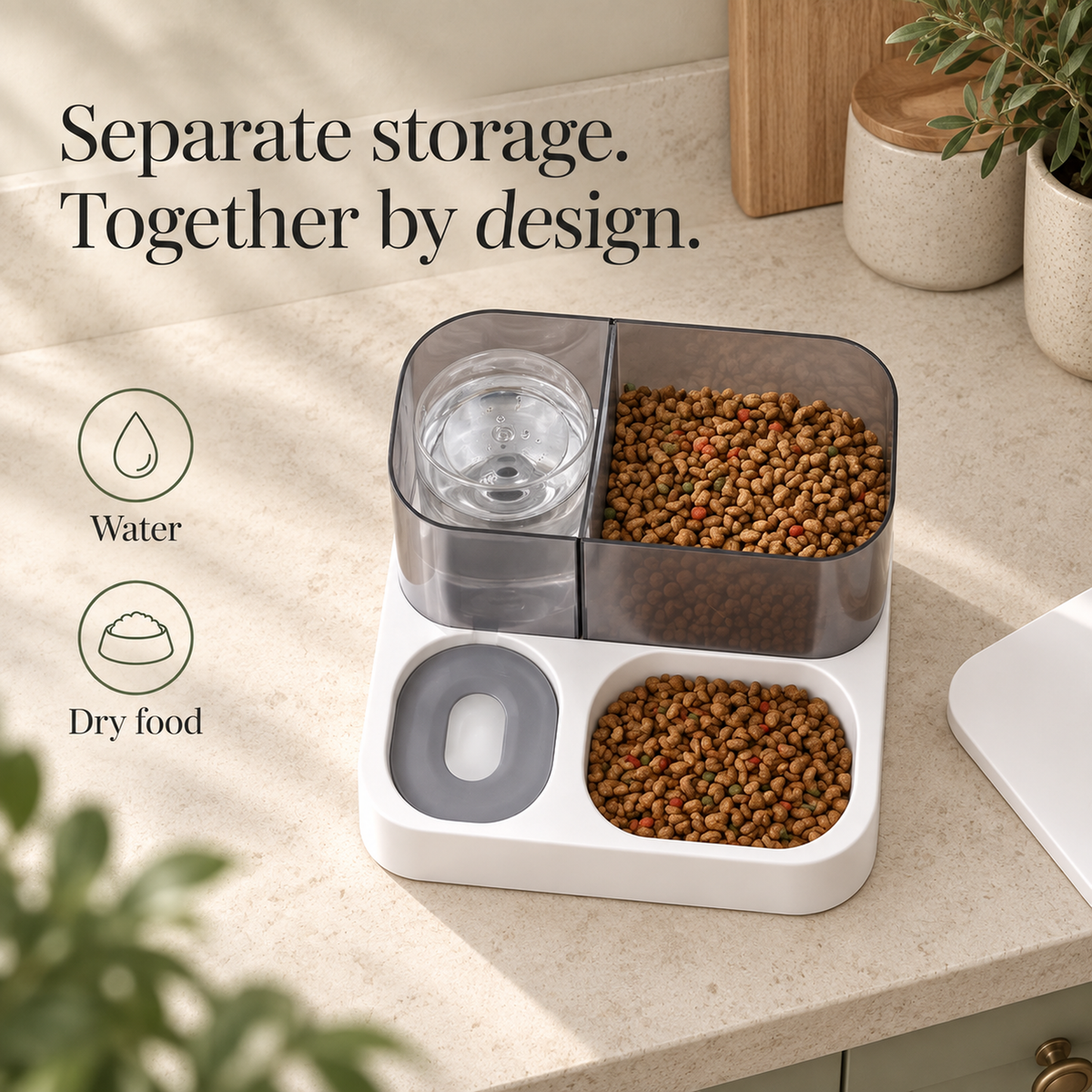 Separate dry food and water storage in the grey pet feeder