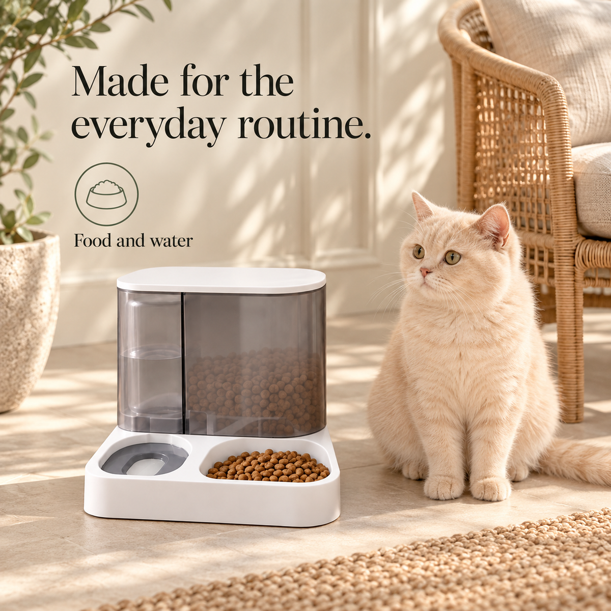 Grey feeder beside a cat in a sunroom