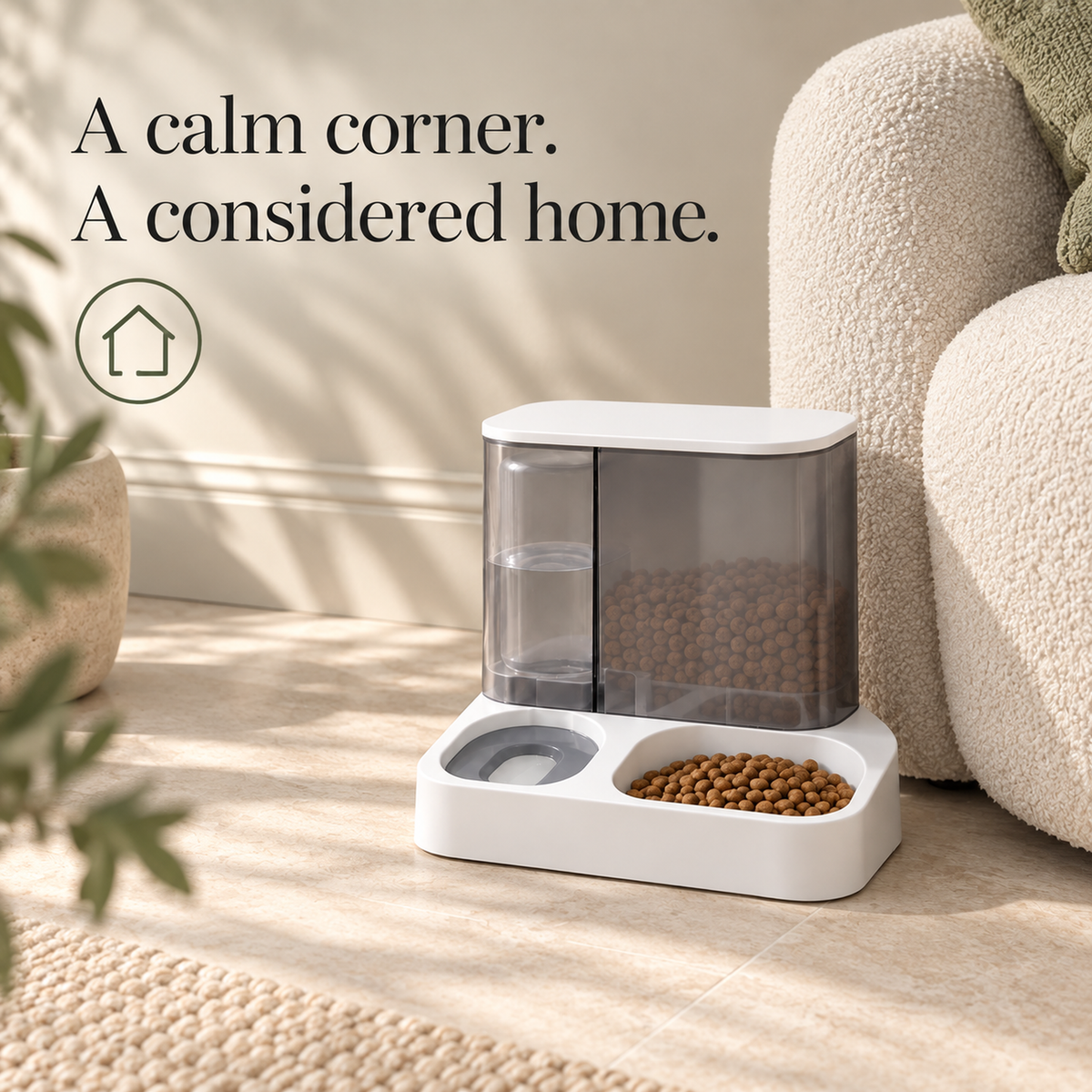 Compact pet feeder beside a cream sofa