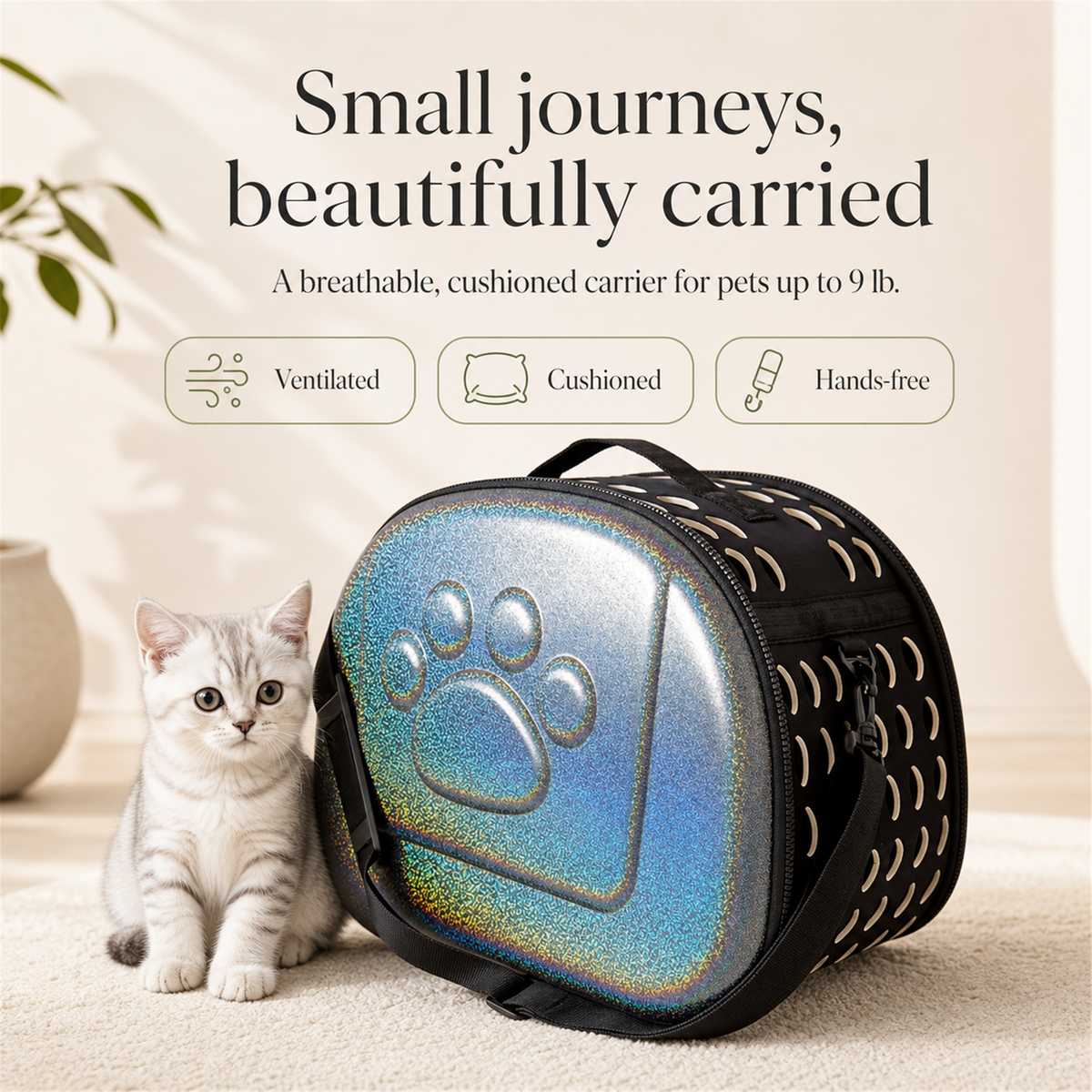 Holographic small pet carrier hero with silver tabby cat