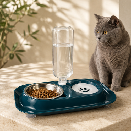 2-in-1 dark teal pet feeder and gravity water dispenser