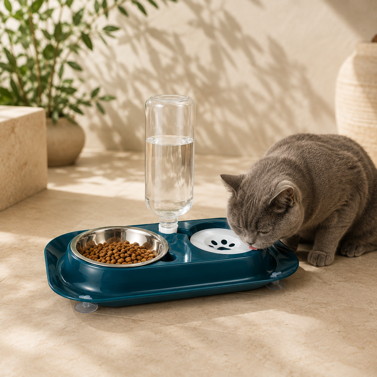 Cat using gravity water and food feeding station