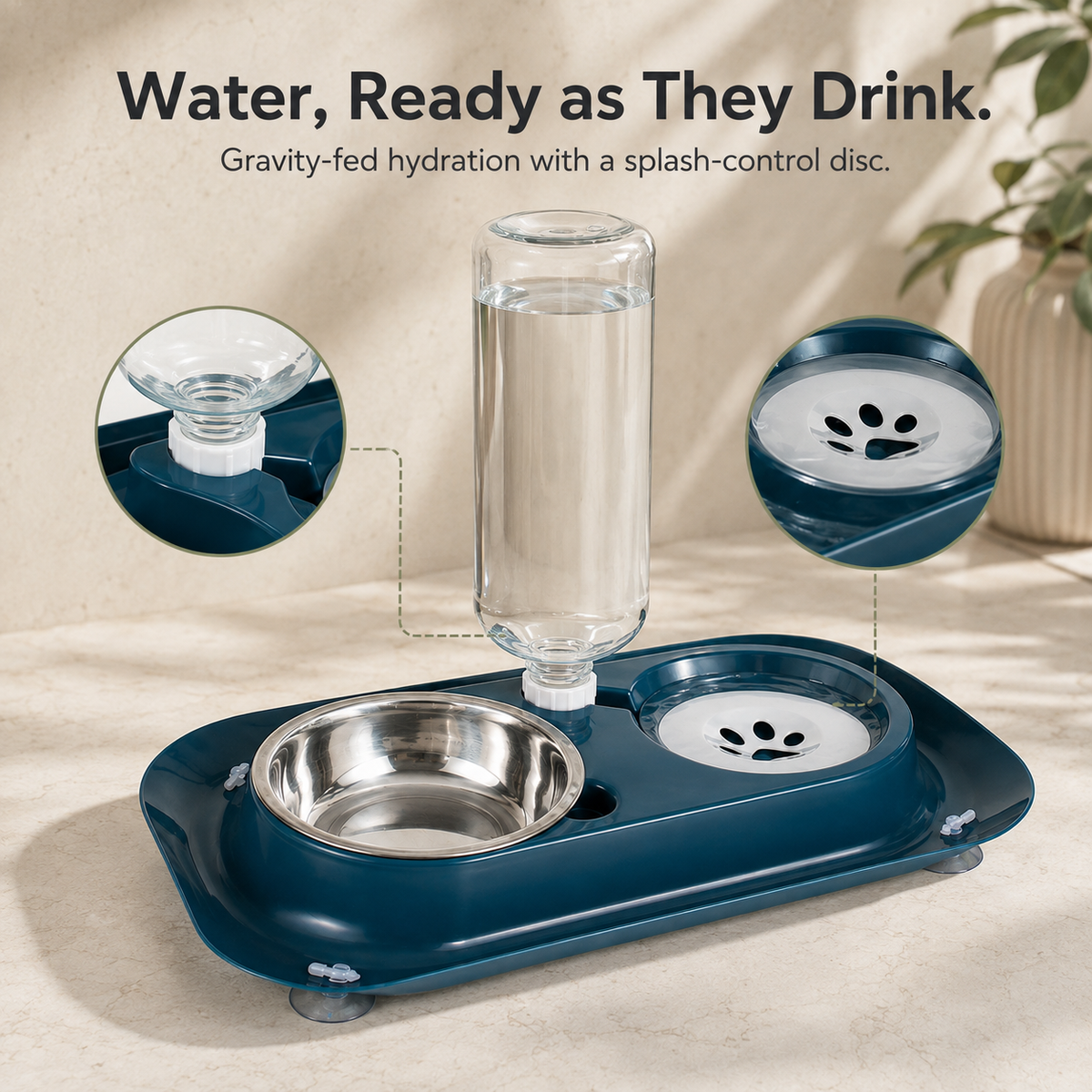 Gravity water bottle and splash-control paw disc