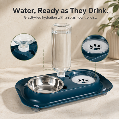 Gravity water bottle and splash-control paw disc