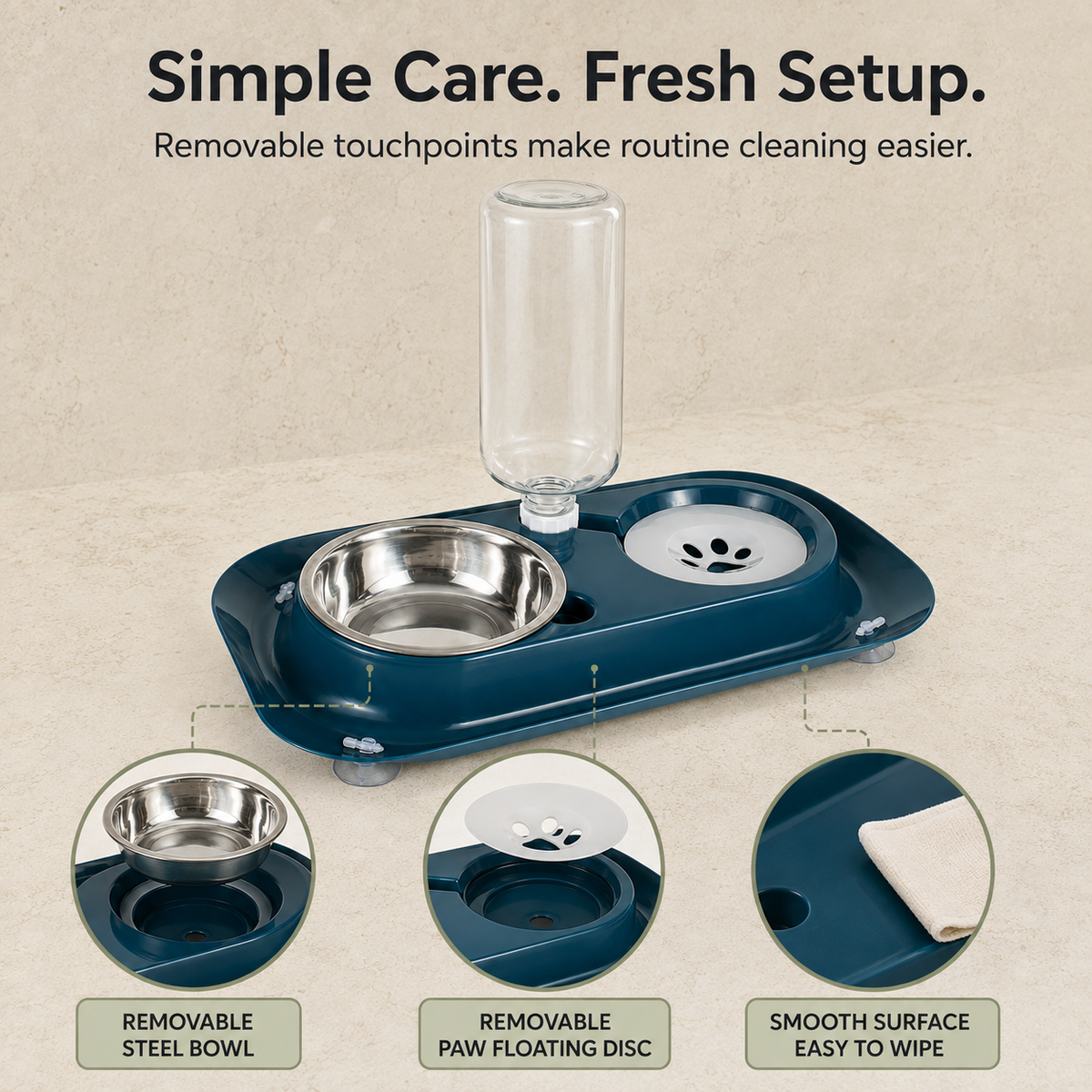 Removable steel bowl and floating disc for easier cleaning