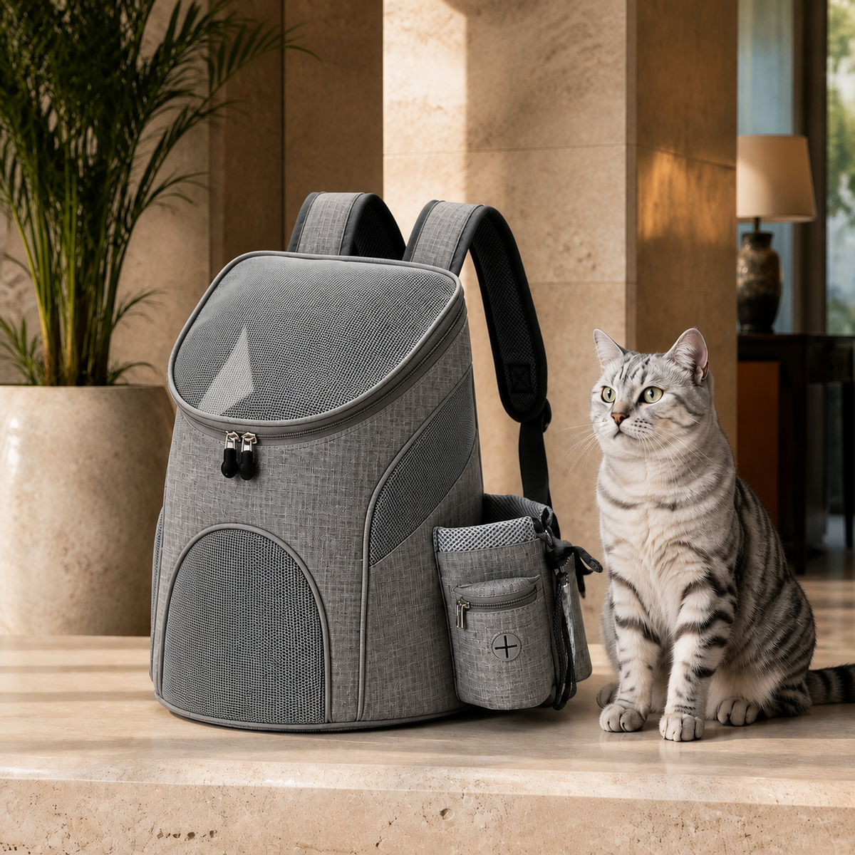 Luxury grey breathable cat carrier backpack with silver tabby cat