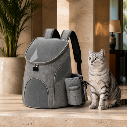 Luxury grey breathable cat carrier backpack with silver tabby cat