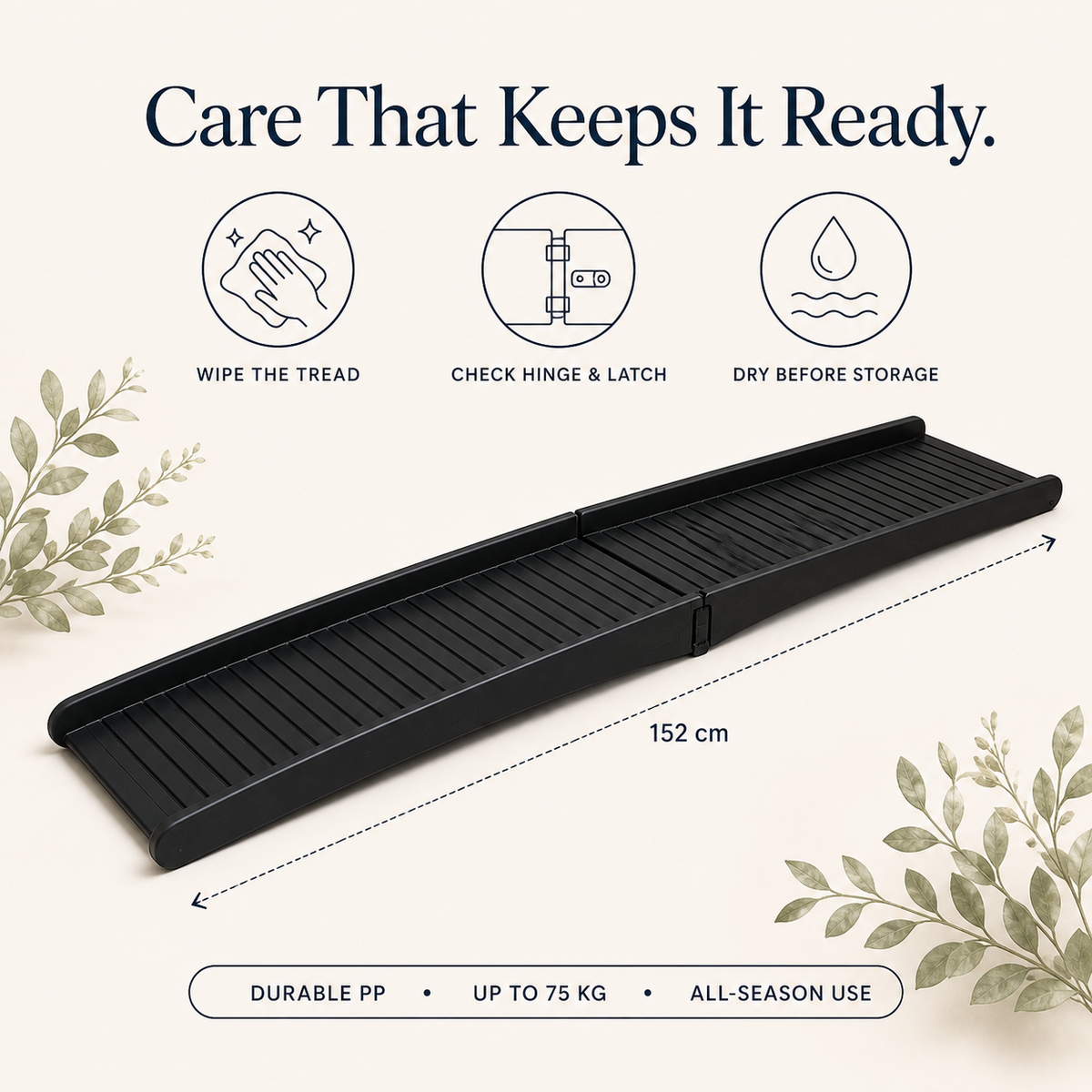 Black pet ramp cleaning, hinge check and storage care guide