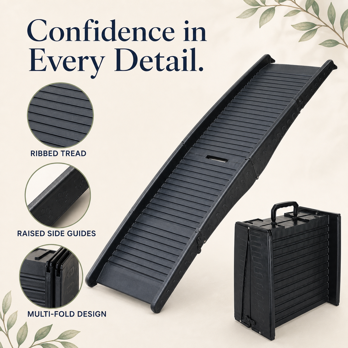 Black multi-fold pet ramp with ribbed tread, raised side guides and compact folded form