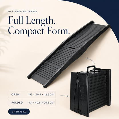 Multi-fold black pet ramp shown open and compact with exact dimensions and 75 kg capacity