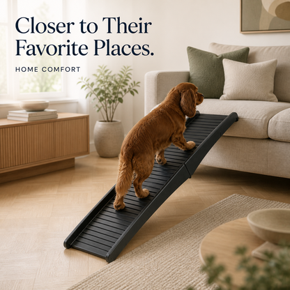 Black folding pet ramp helping a spaniel reach a sofa
