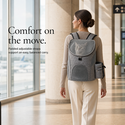 Woman wearing grey cat carrier backpack with padded adjustable straps