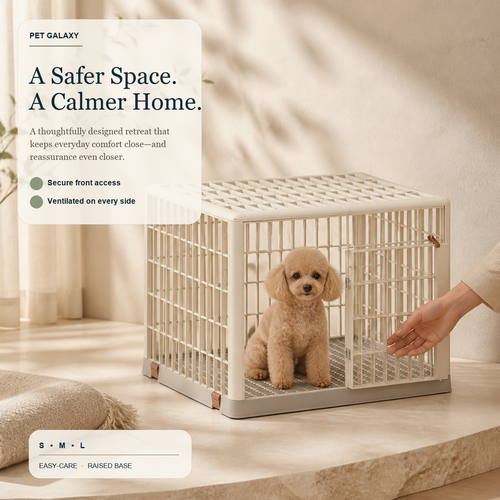 Pet Cage lifestyle hero with small dog and size options