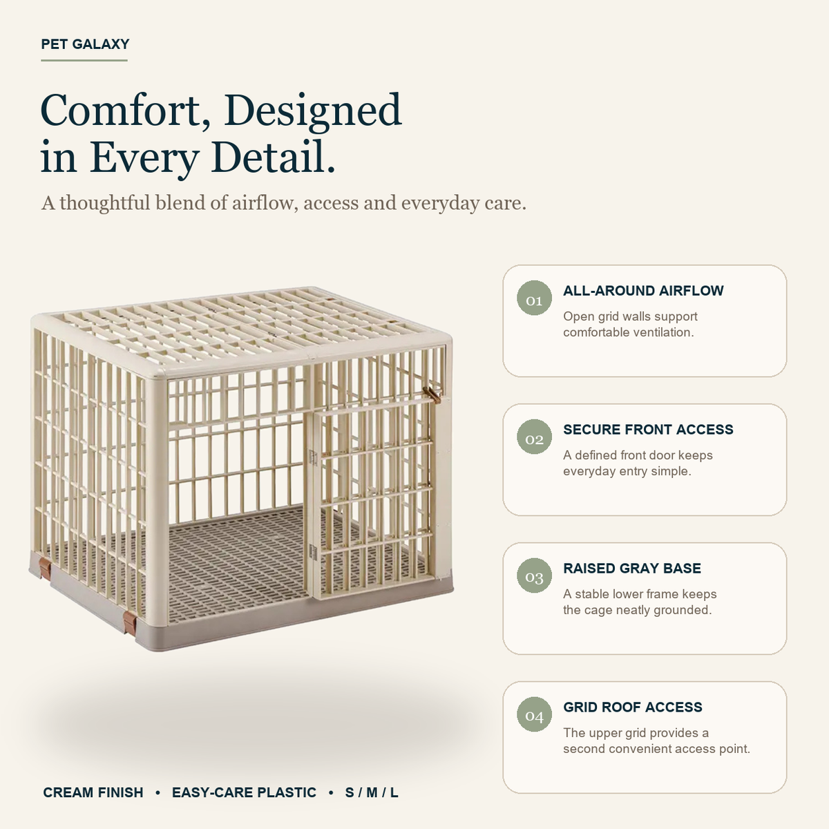 Pet Cage feature infographic showing airflow door base and roof