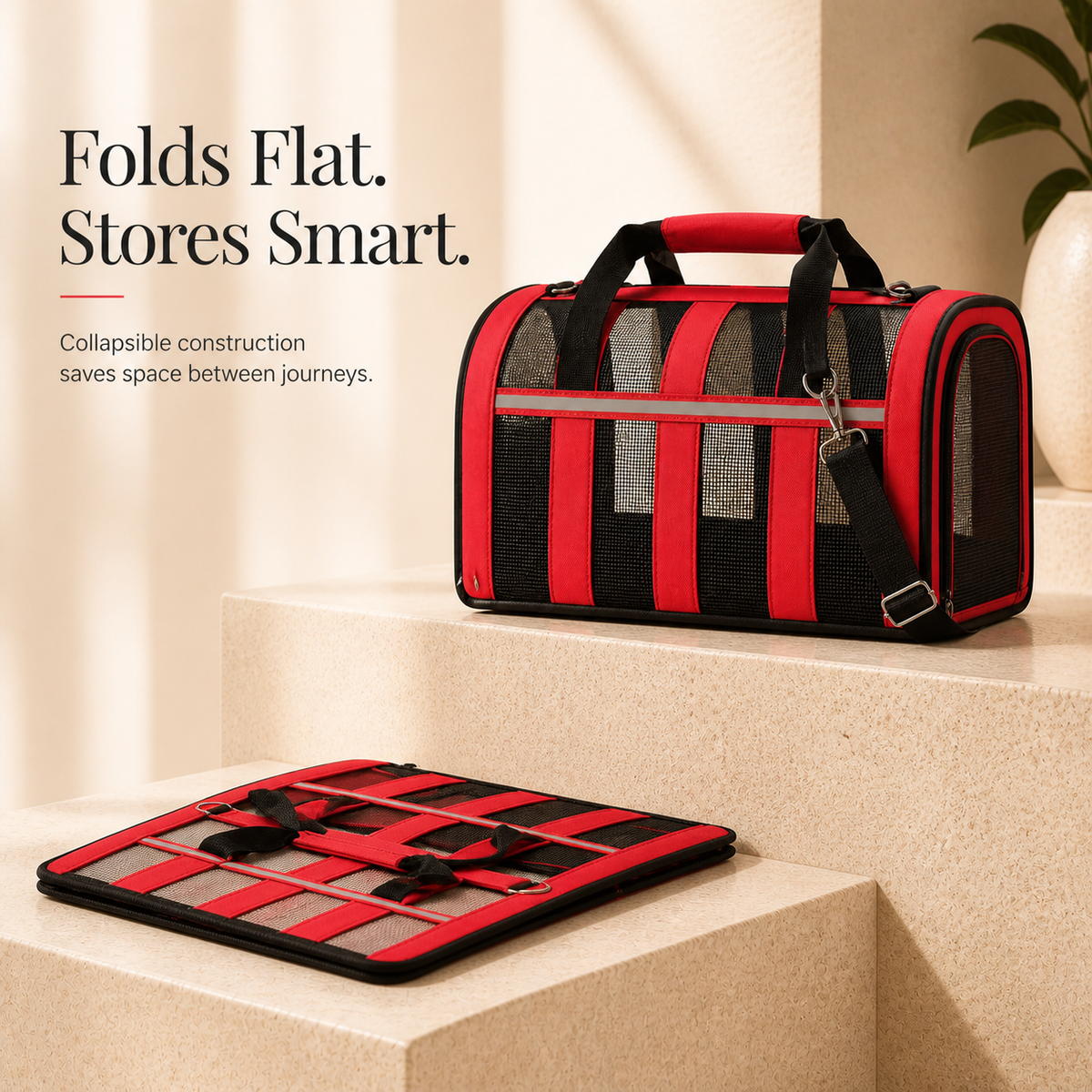 Foldable pet carrier expanded and collapsed for storage