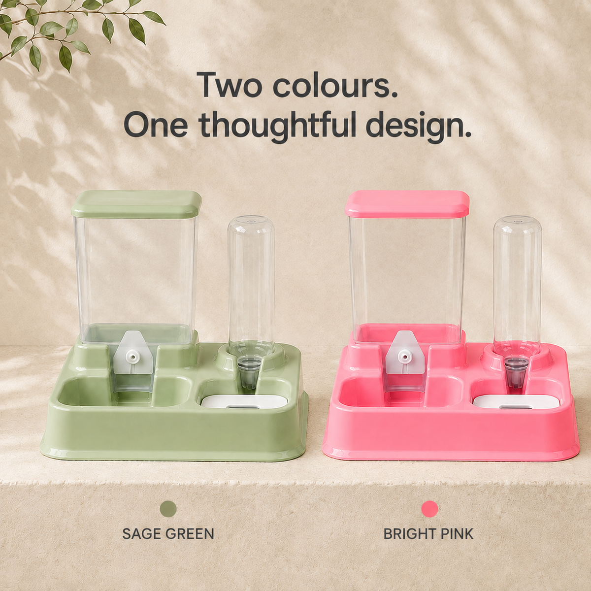 Sage green and bright pink pet feeder colour options
