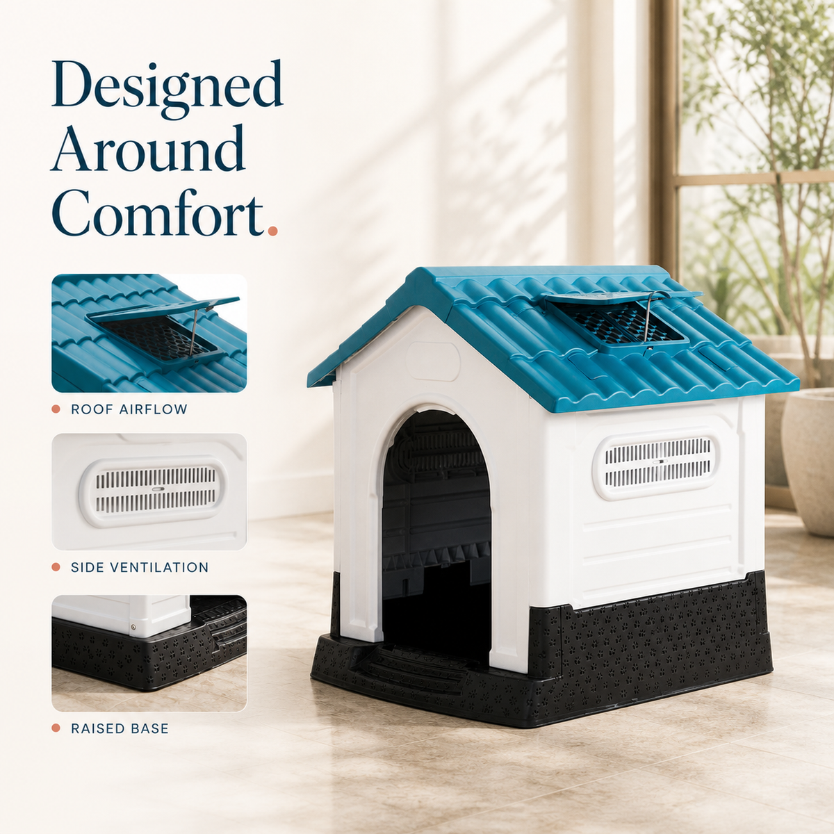 Dog house roof airflow side ventilation and raised base features