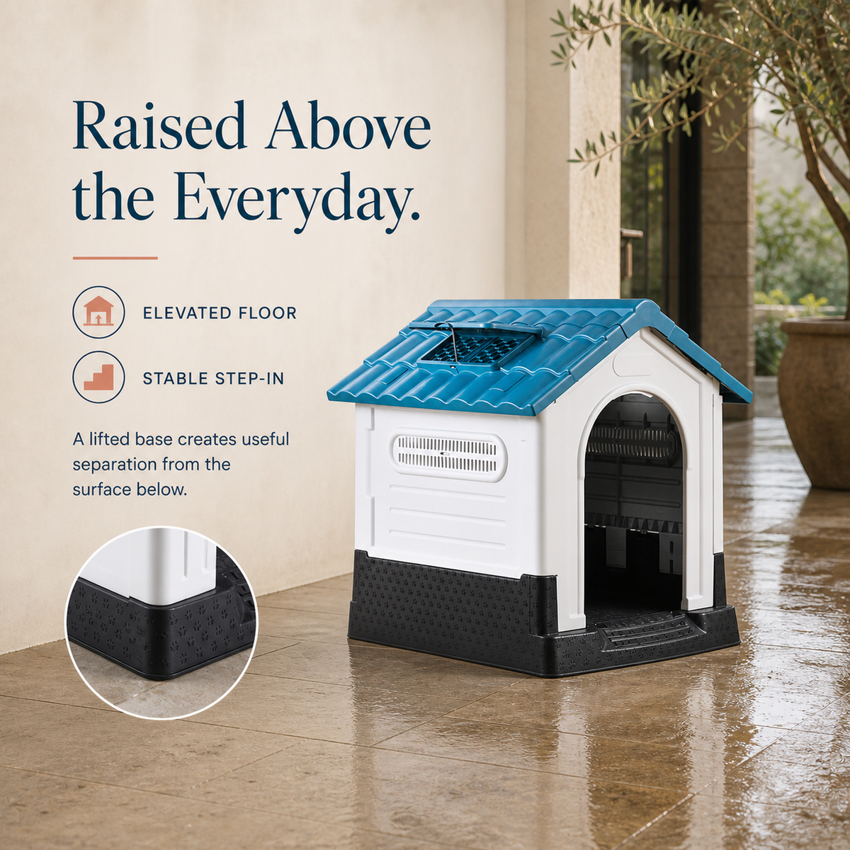 Elevated dog house floor and stable entry step