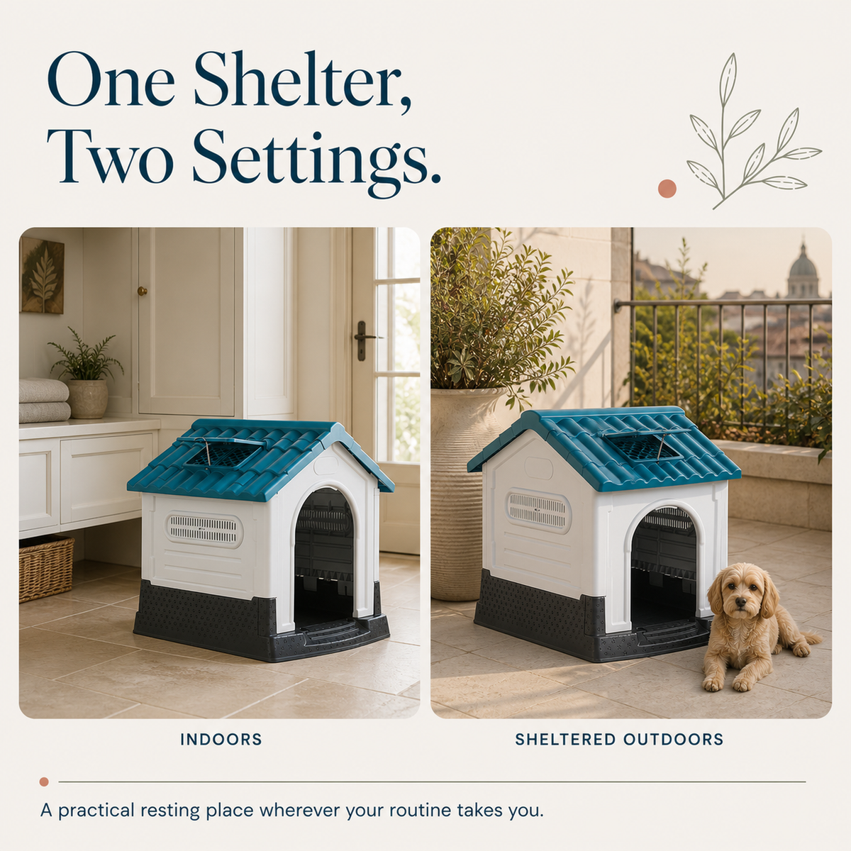 Elevated dog house for indoor and sheltered outdoor placement