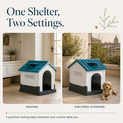 Elevated dog house for indoor and sheltered outdoor placement