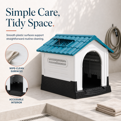 Easy-care plastic dog house surfaces and accessible interior