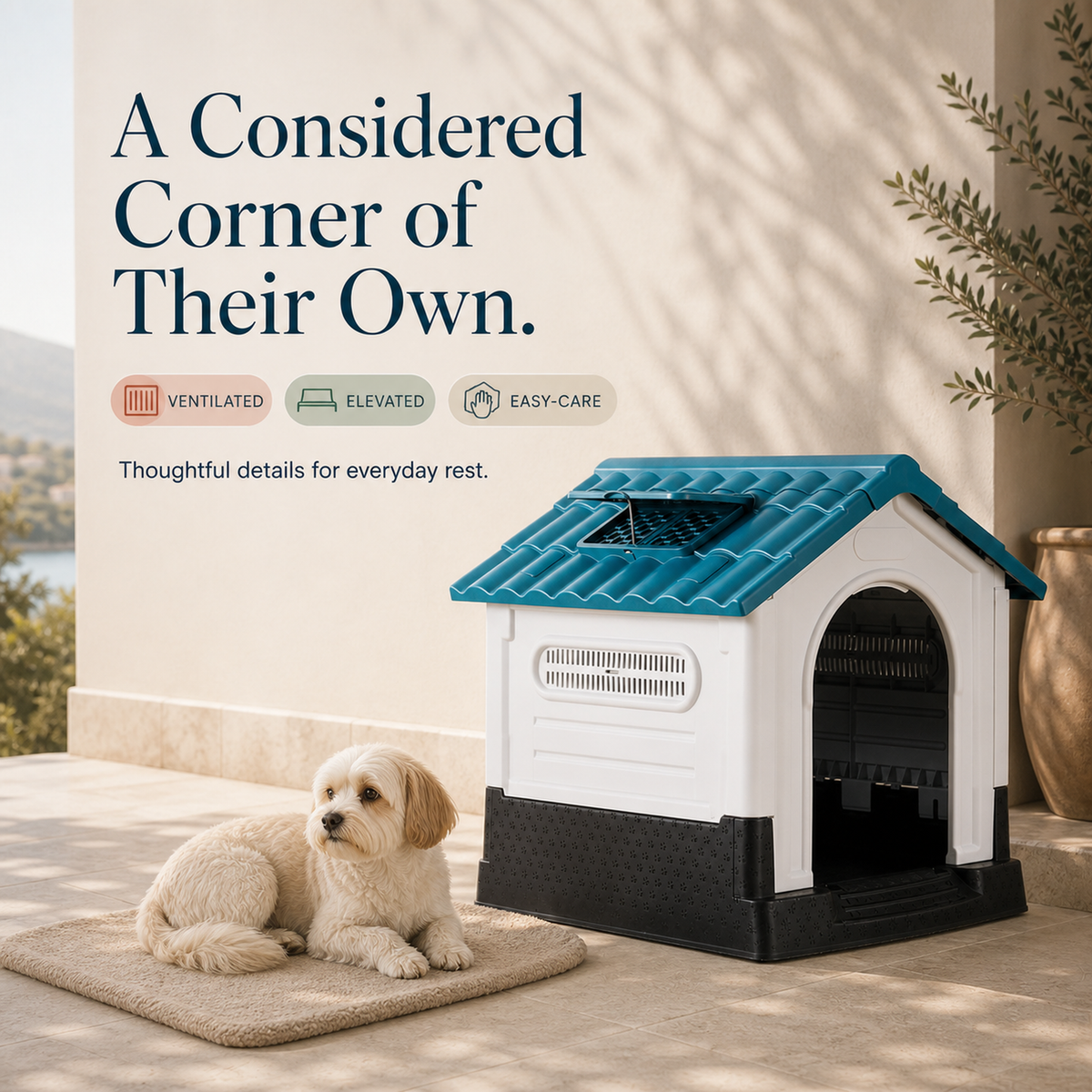 Ventilated elevated easy-care dog house lifestyle overview