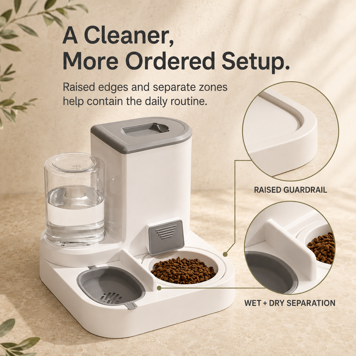 Separate food and water zones on the 2-in-1 pet feeder