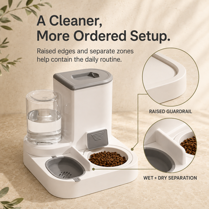 Separate food and water zones on the 2-in-1 pet feeder