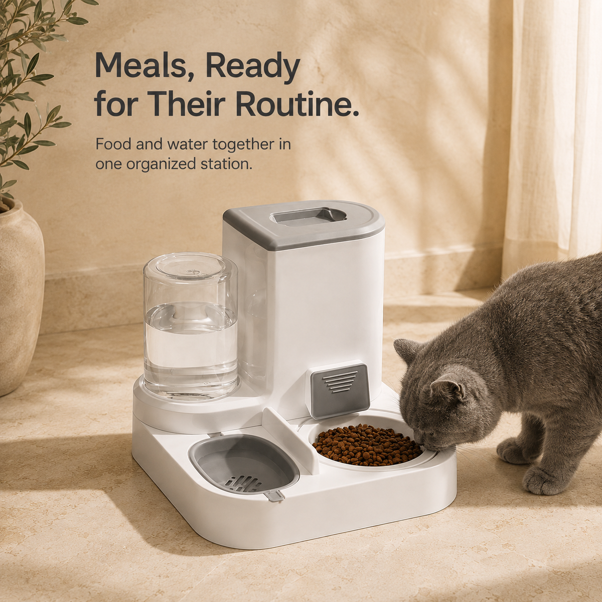 Cat using the 2-in-1 gravity food and water feeding station