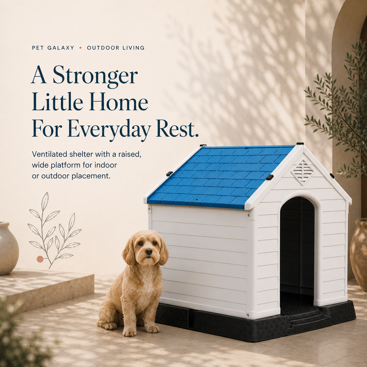 Ventilated plastic dog house with blue tiled roof and small dog in premium patio setting