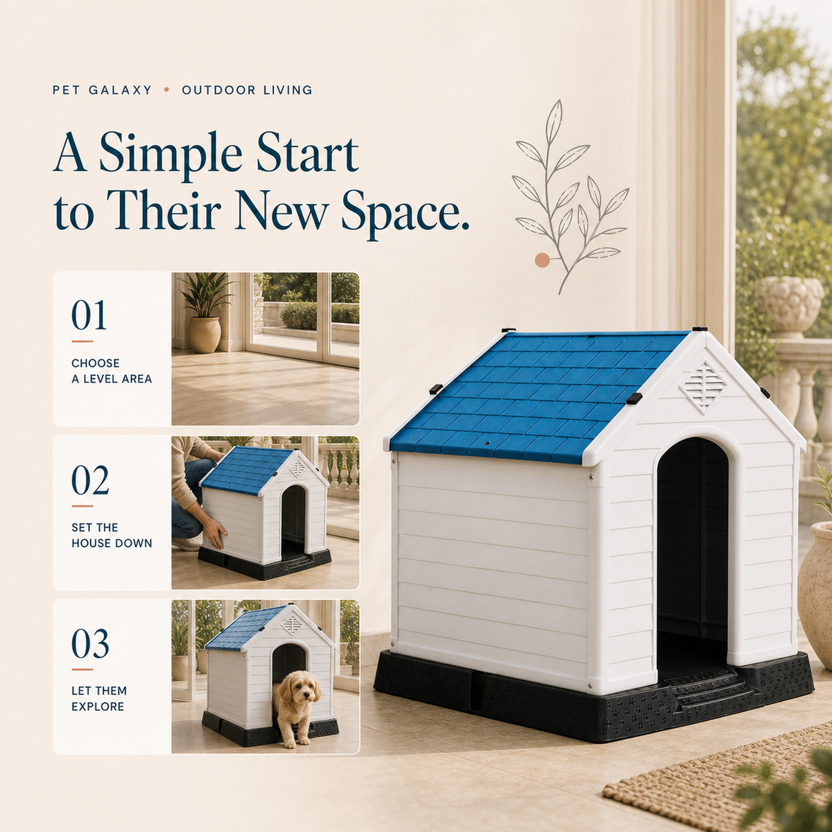 Three step guide for setting up and introducing a plastic dog house