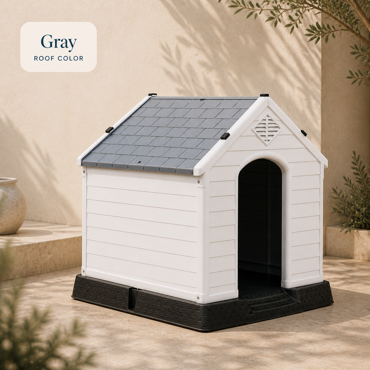 Gray roof ventilated plastic dog house with wide black base