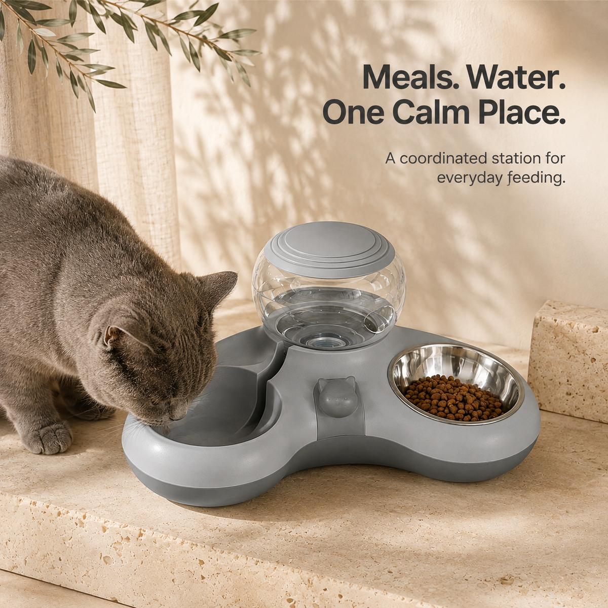 Cat drinking from gray 2-in-1 gravity water and food bowl station