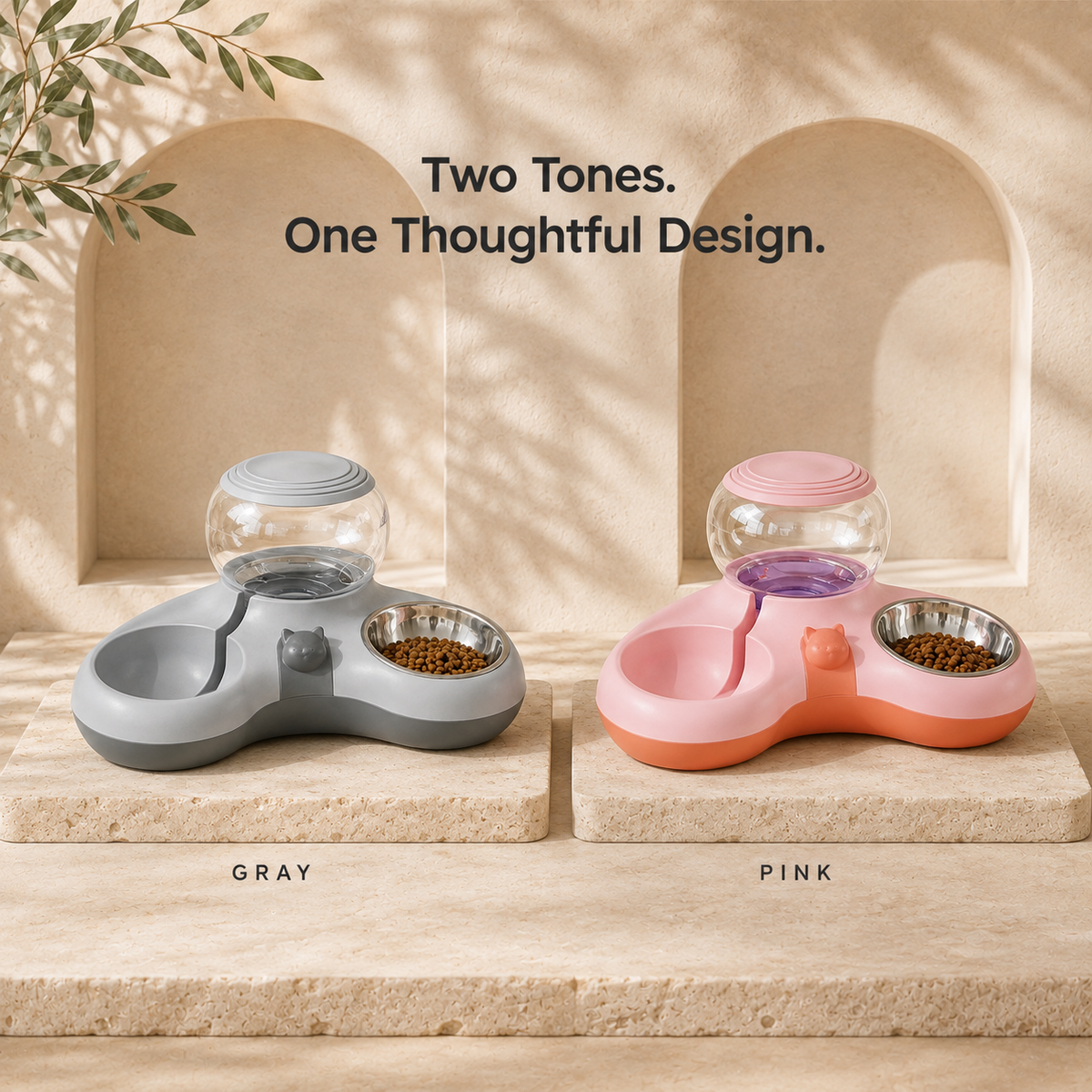 Gray and pink color options for pet food and water bowl station