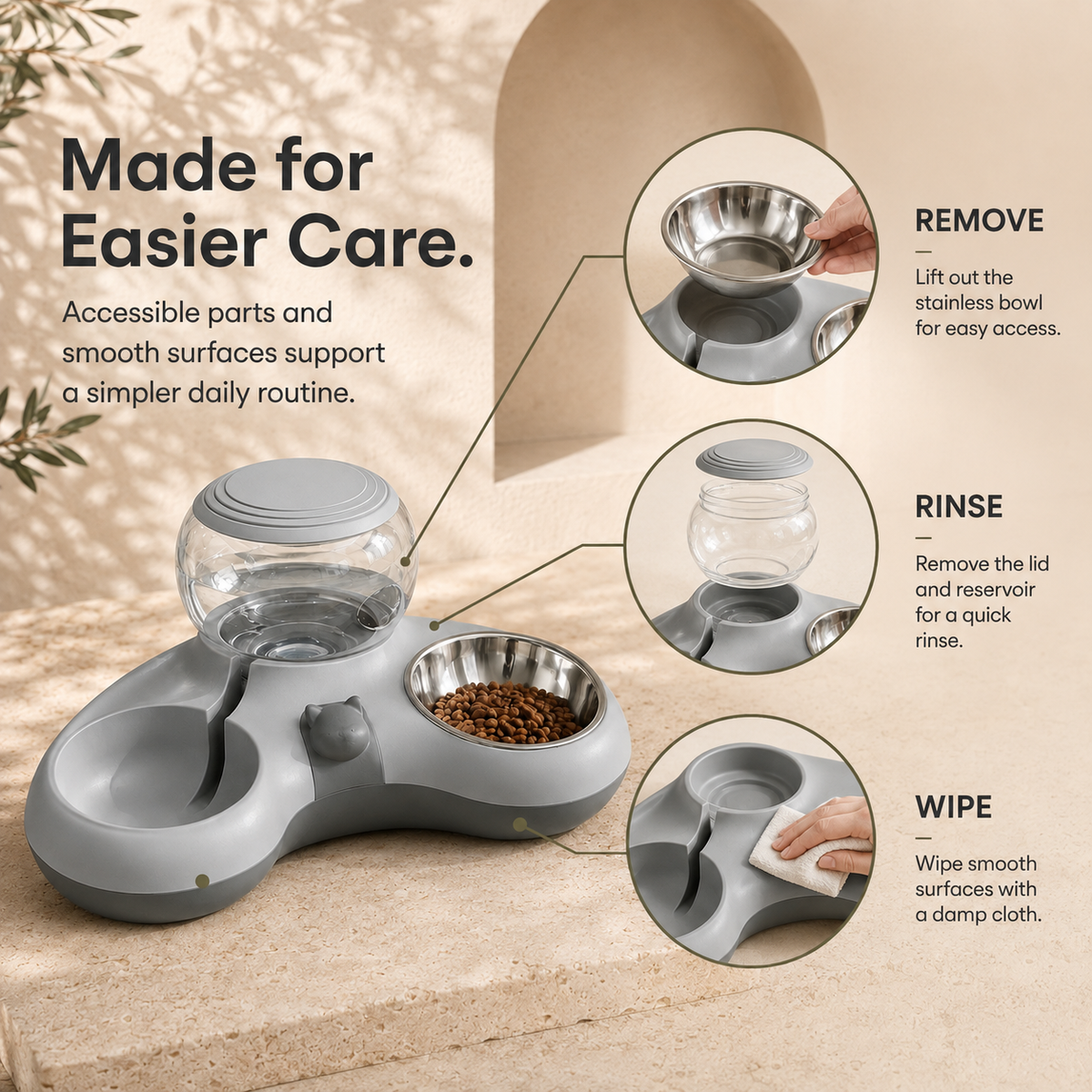 Easy-care removable parts and smooth surfaces on pet feeding station
