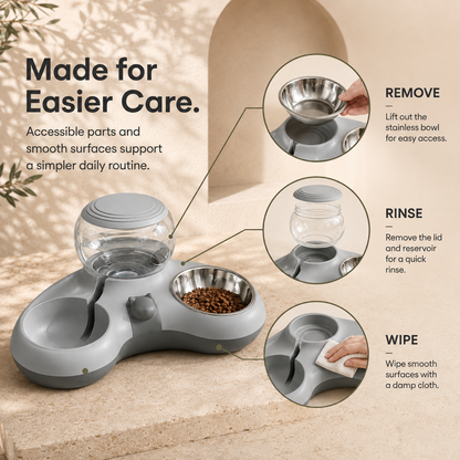 Easy-care removable parts and smooth surfaces on pet feeding station