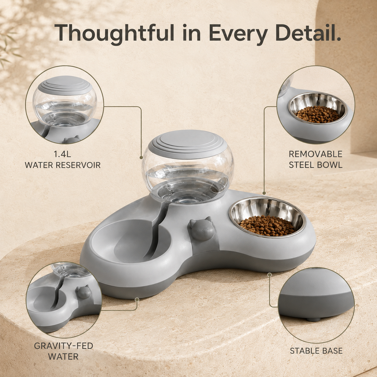Pet feeding station with 1.4L reservoir steel bowl gravity water and stable base