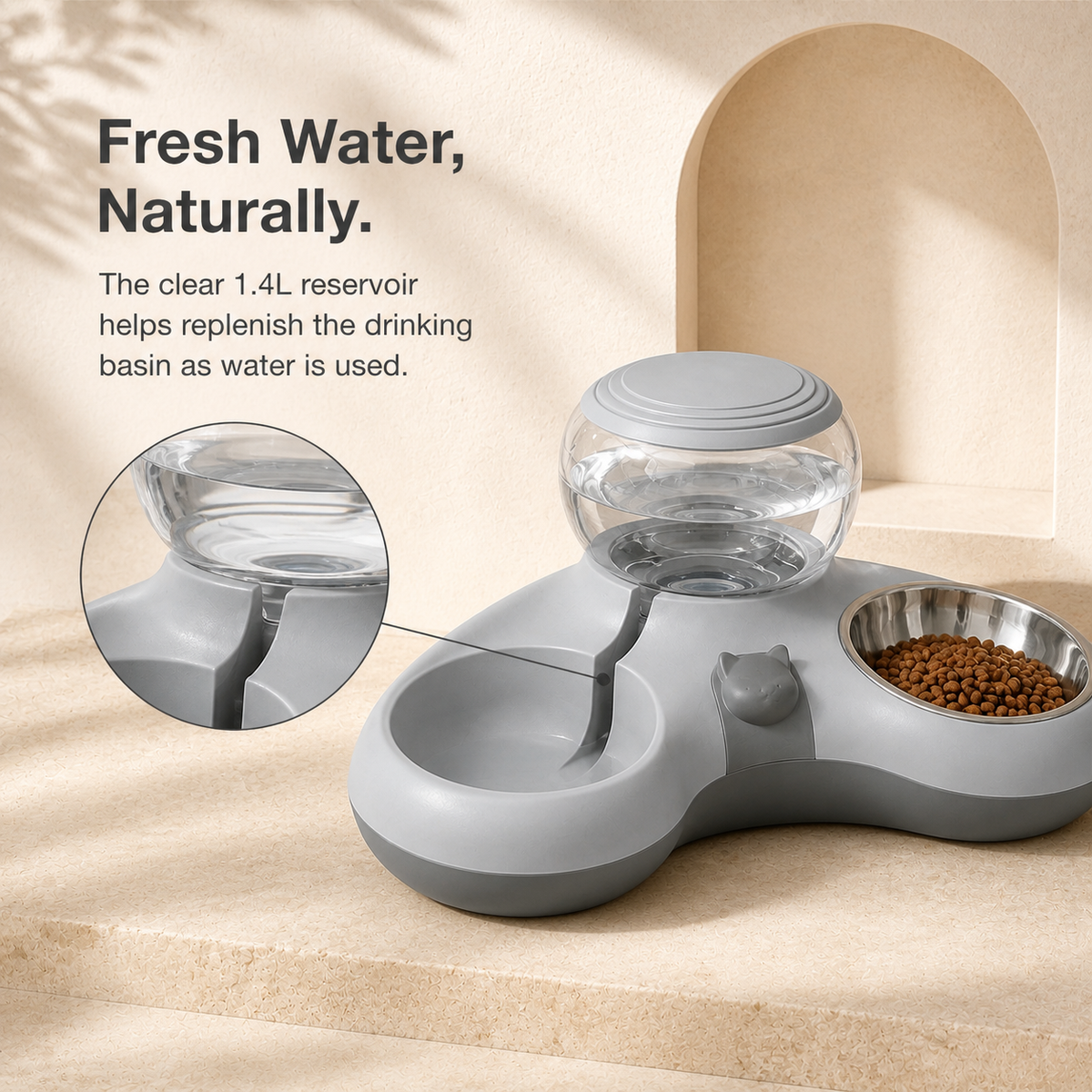 1.4L clear gravity water reservoir replenishing pet drinking basin