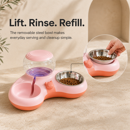 Pink pet feeding station with removable stainless steel food bowl