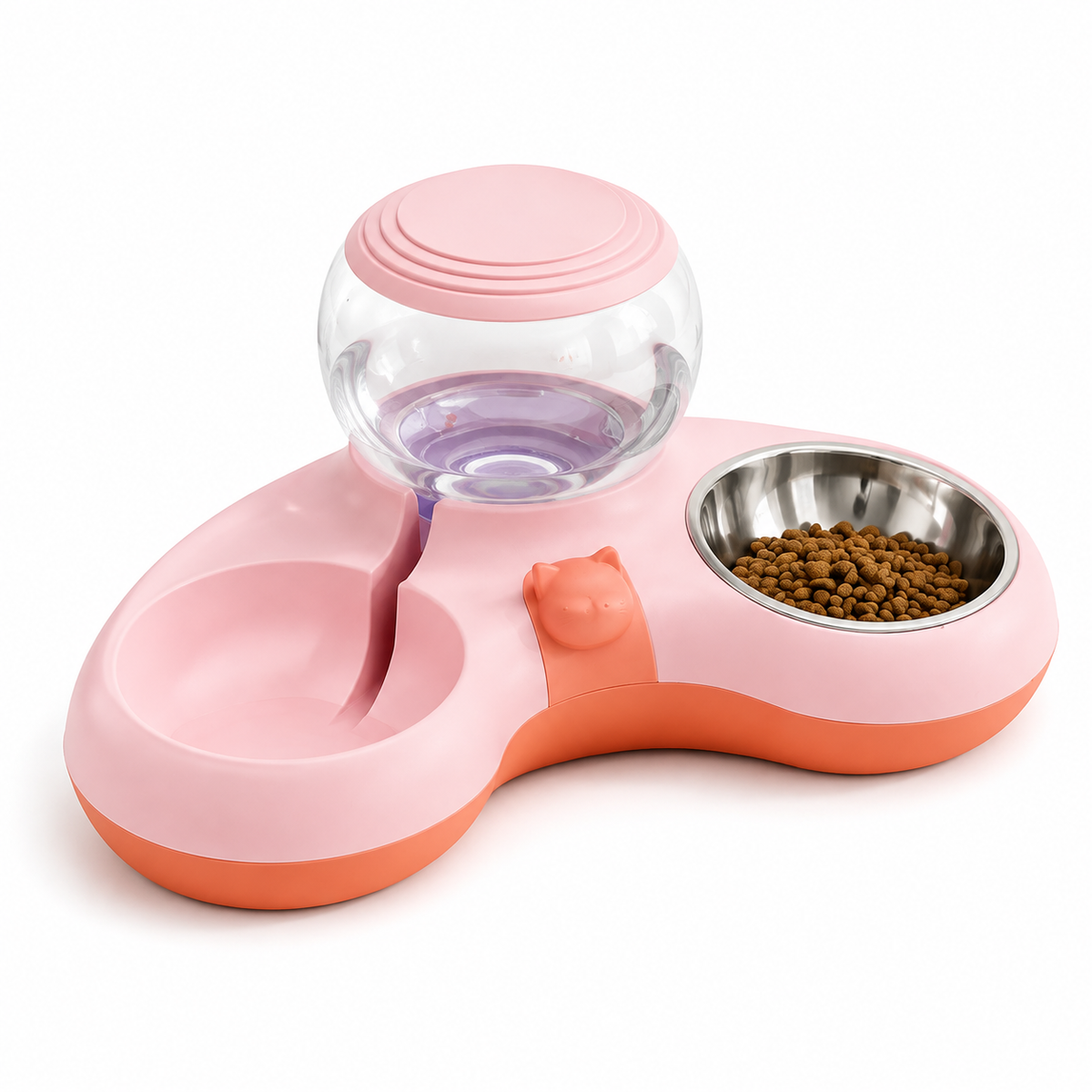 Pink 2-in-1 pet food bowl and gravity water dispenser