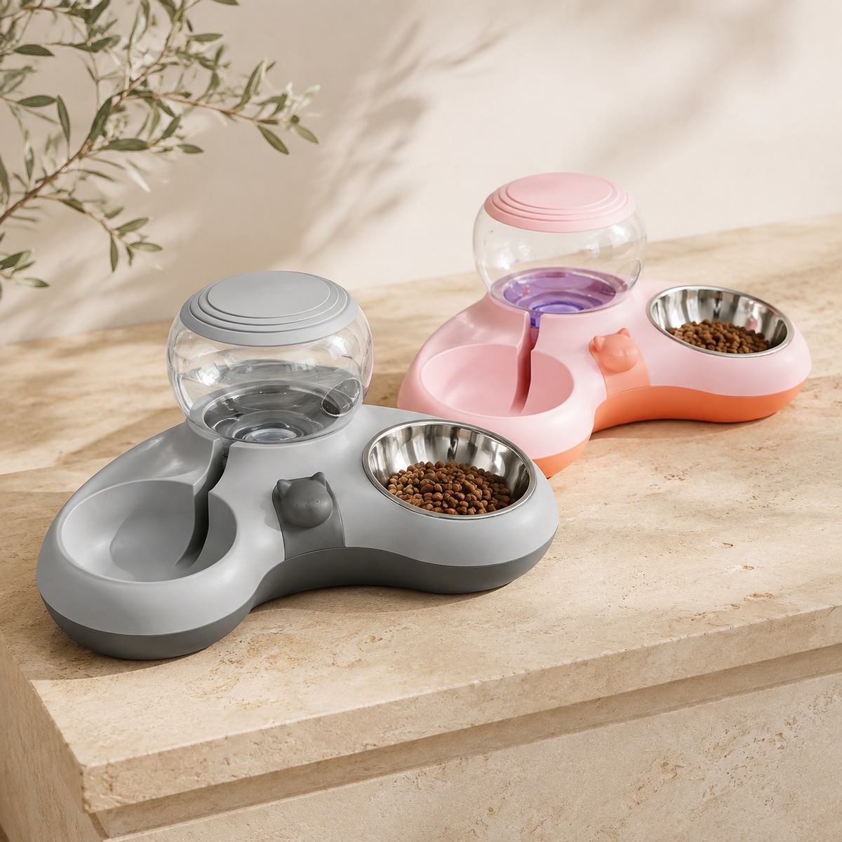 Gray and pink 2-in-1 pet food and gravity water bowl stations
