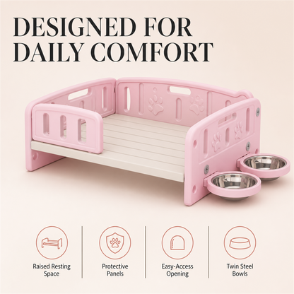 Pink raised pet bed feature overview with protective panels and twin steel bowls