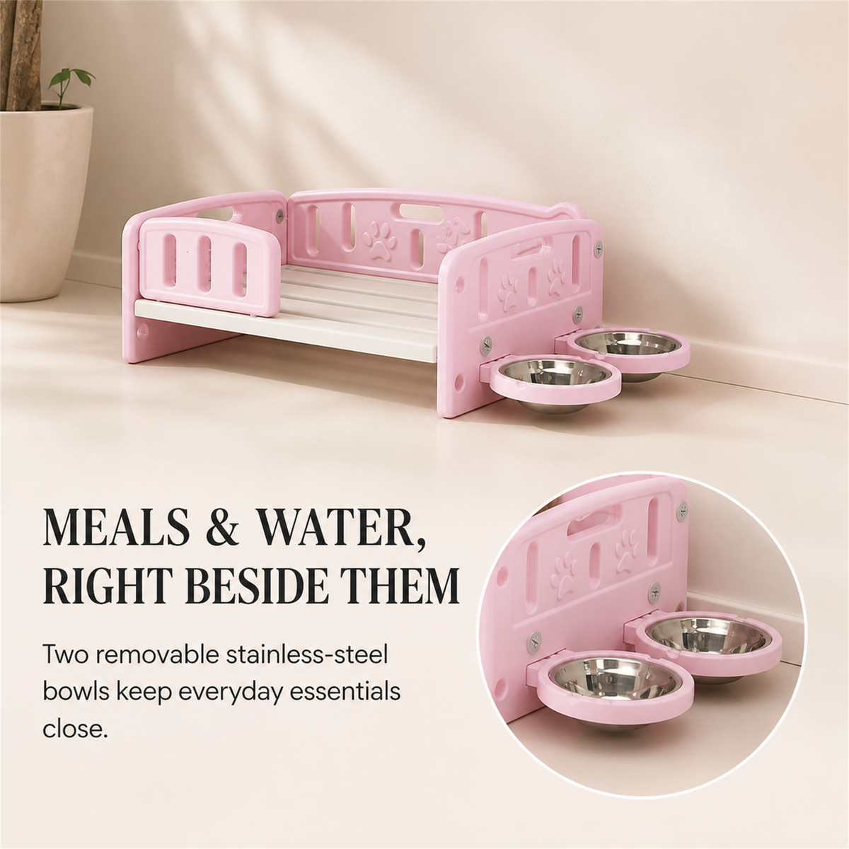 Pet bed with two removable stainless steel food and water bowls
