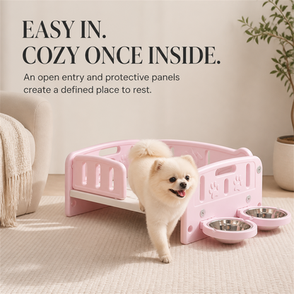 Small dog using the easy access opening of a pink elevated pet bed